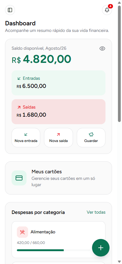 financify no celular: o mesmo dashboard em 390 px.