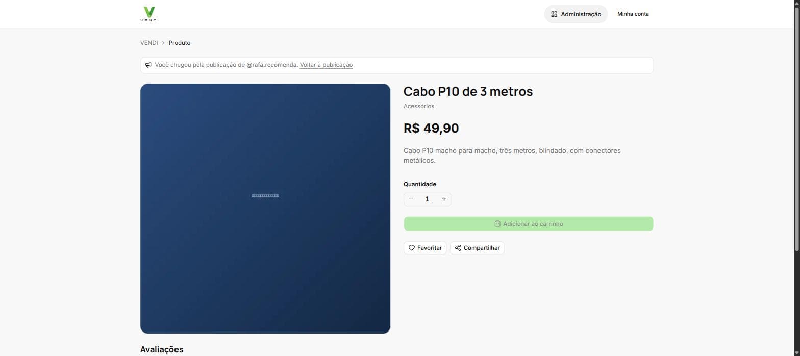 Vendi no desktop: página de um produto chegando por uma publicação, com preço, quantidade e o botão de adicionar ao carrinho.