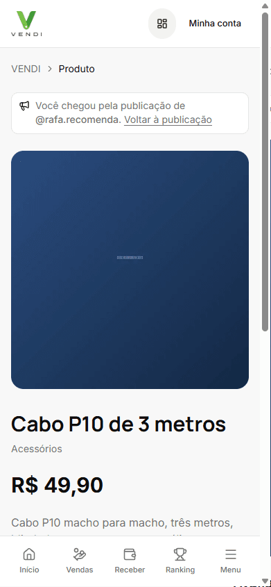 Vendi no celular: a mesma página de produto em 390 px, com a barra de navegação inferior.
